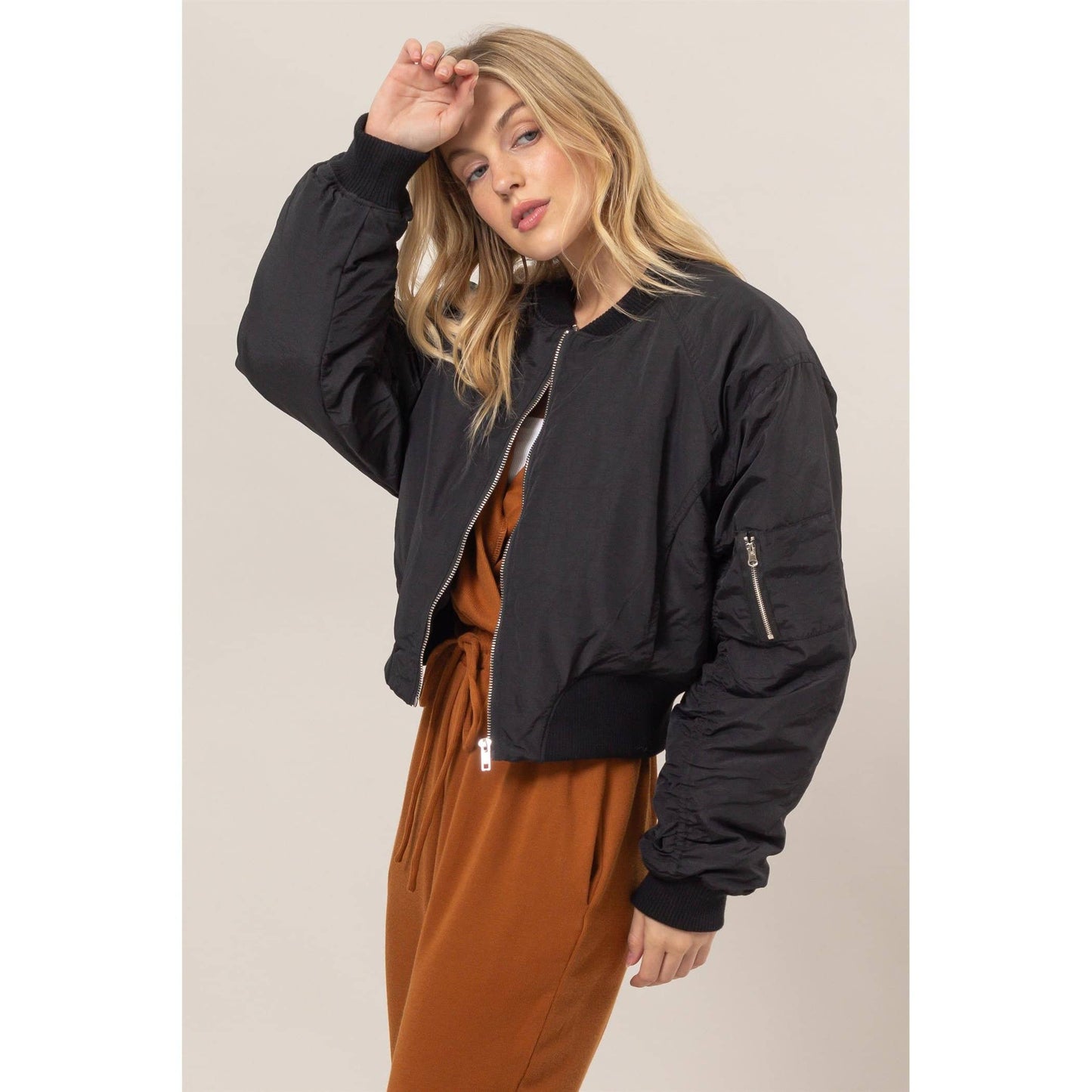 Ruched Bomber Puffer Jacket