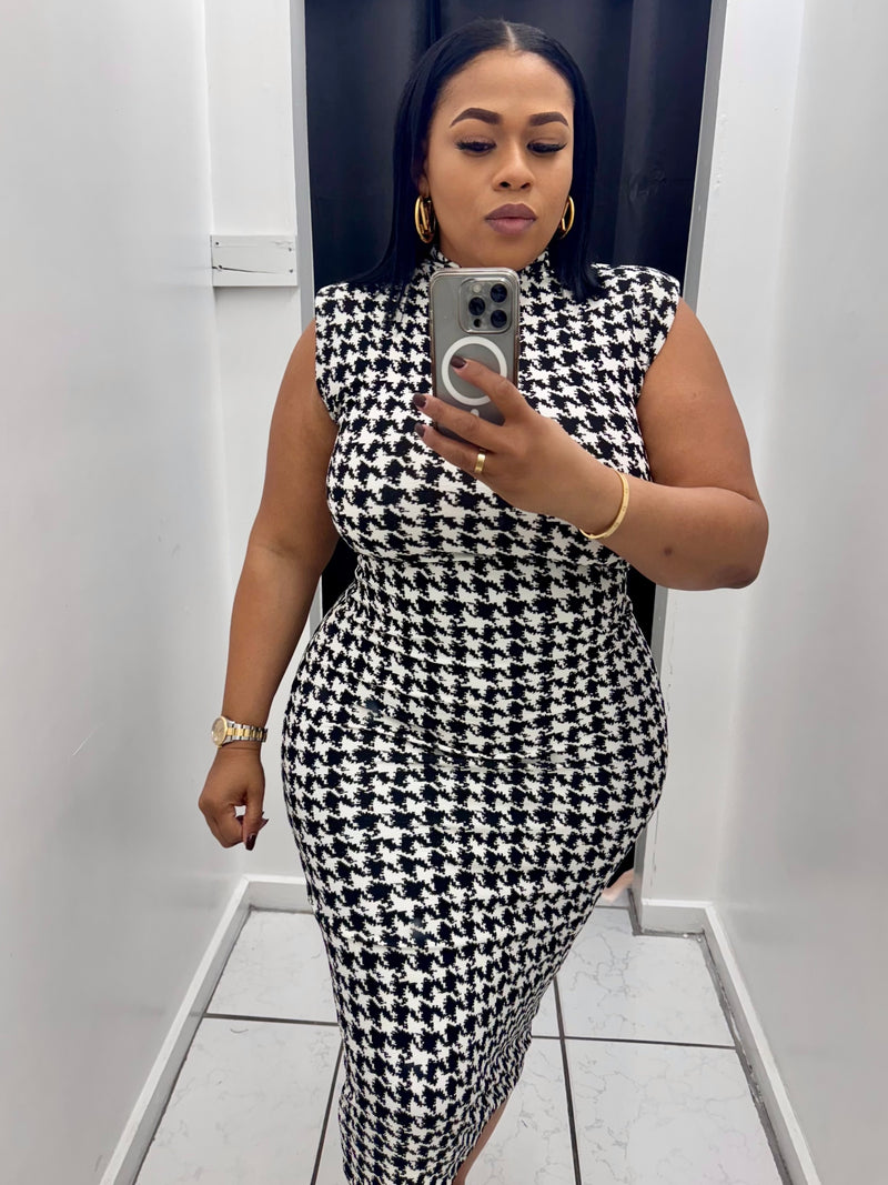 Houndstooth Bodycon Midi Dress (Black & White)