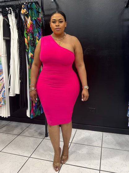 One Shoulder Midi Dress (NEON FUCHSIA)