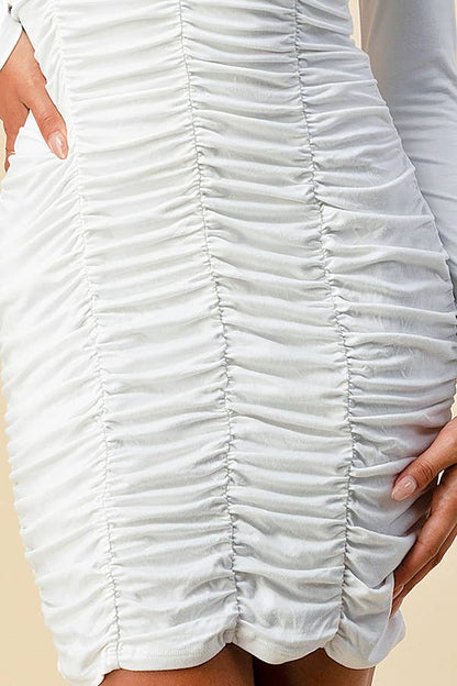 RUCHED MOCK NECK LONG SLEEVE MINI DRESS