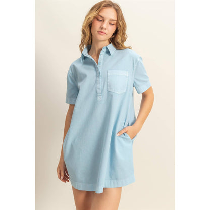 Half Button Up Short Sleeve Mini Dress (CREAM)