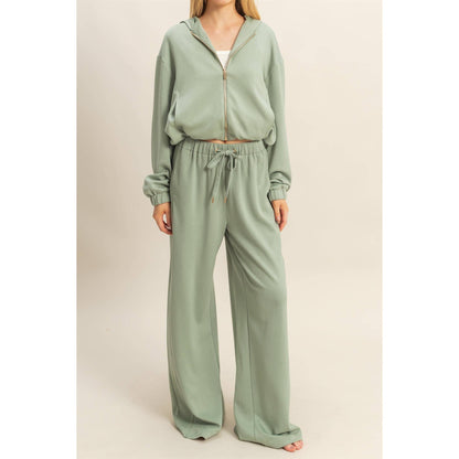 Knit Wide-Leg Trousers With Drawstring Waist  (SAGE GREEN)
