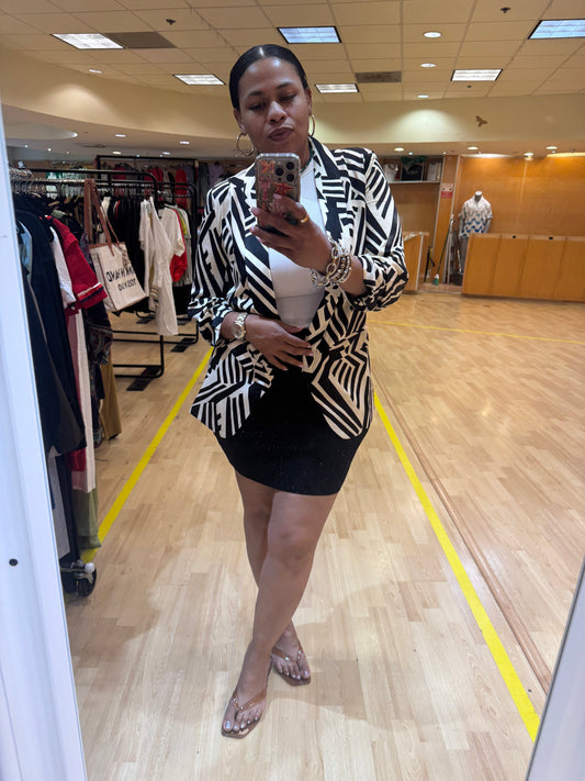 Geometric Print Blazer Ruched Sleeve (Black & White)