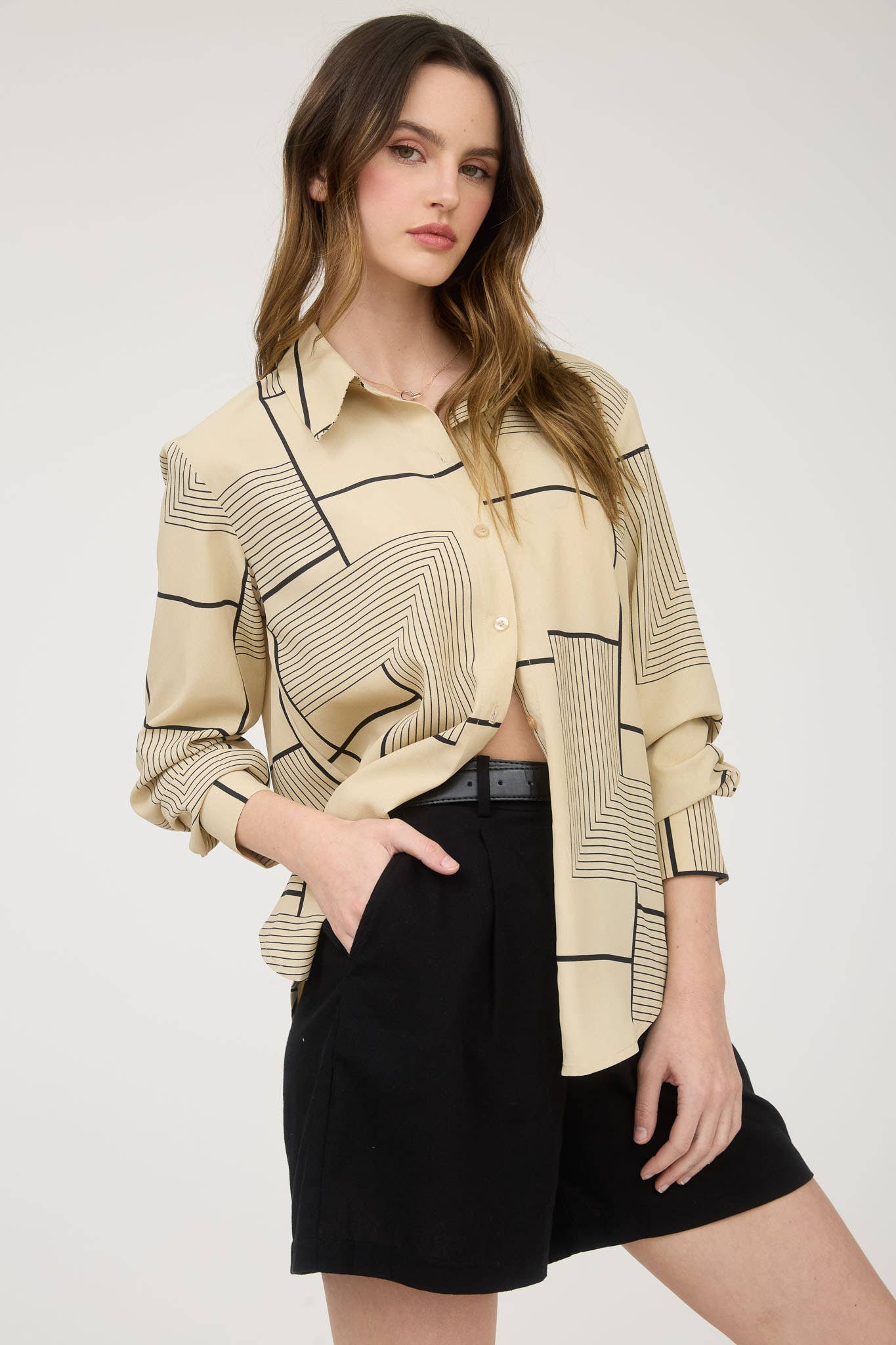 GEO PATTERN COLLARED LONG SLEEVE BUTTON DOWN SHIRT