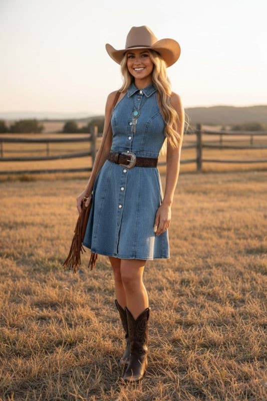 Stretchy Denim Button-Front Dress