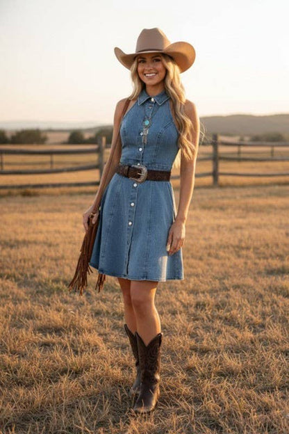 Stretchy Denim Button-Front Dress