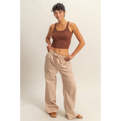 Drawstring Waist Straight Leg Pants (DARK TAUPE)