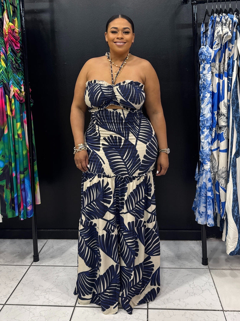 TROPICAL LEAVES SCRUNCH MAXI DRESS (NAVY)