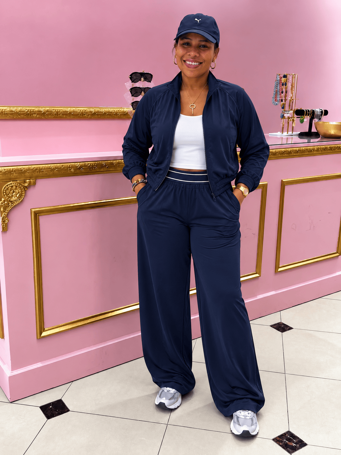 Luxe Motion Bomber Jacket & Elastic Waist Pants Set (Navy)