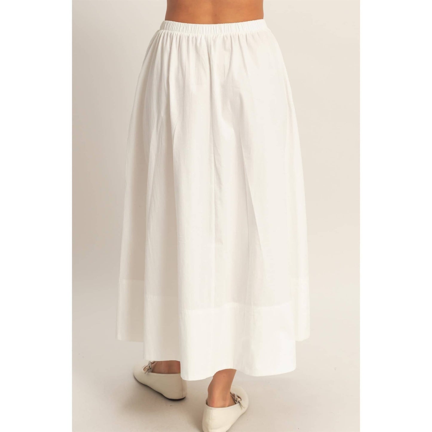 Elastic Waist Midi Poplin Skirt (White)