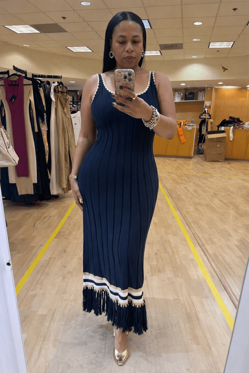 Coastal Elegance Fringe Ribbed Maxi Dress (Navy)