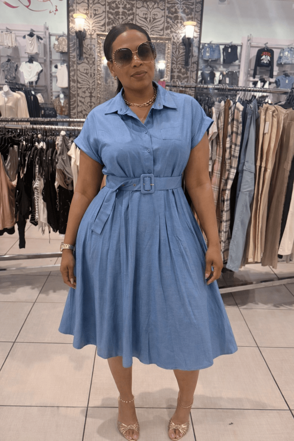Blue Belle Belted Midi Dress