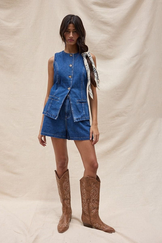 Denim Vest And Short Set (Medium Wash)