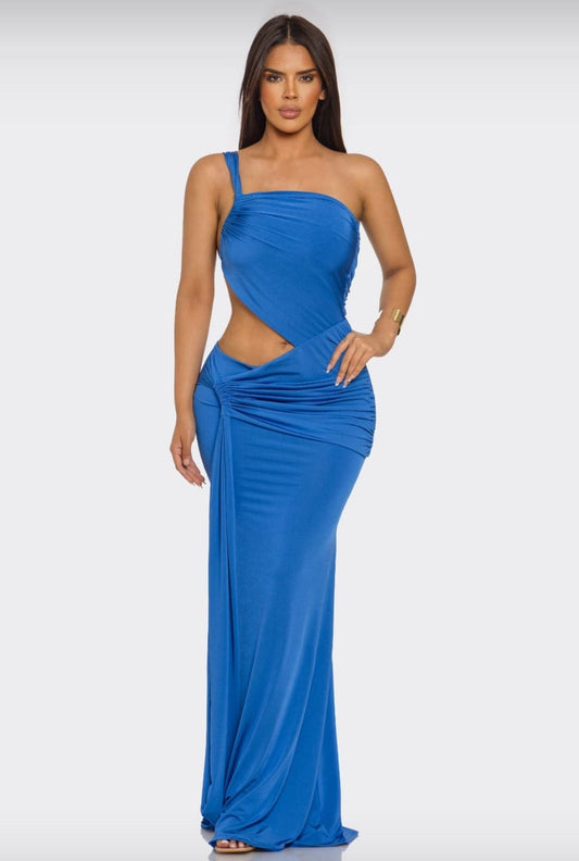One Strapped Asymmetric Ruched Maxi Dress (AQUA)