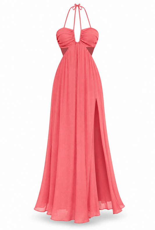 MAXI FLOWY HALTER DRESS (CORAL)