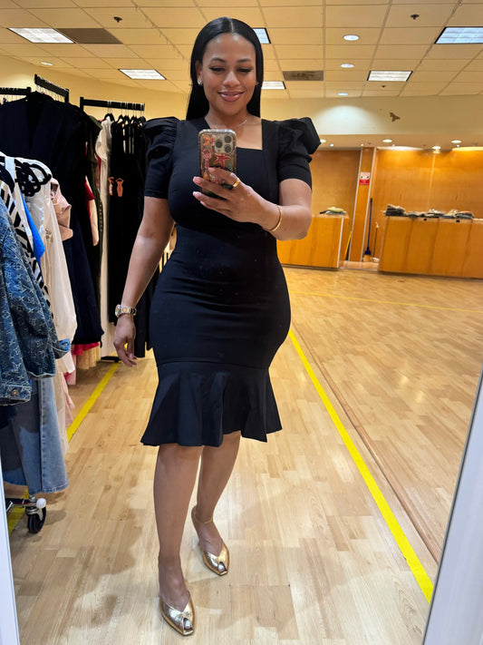 PUFF SLEEVE MERMAID MIDI DRESS (BLACK)