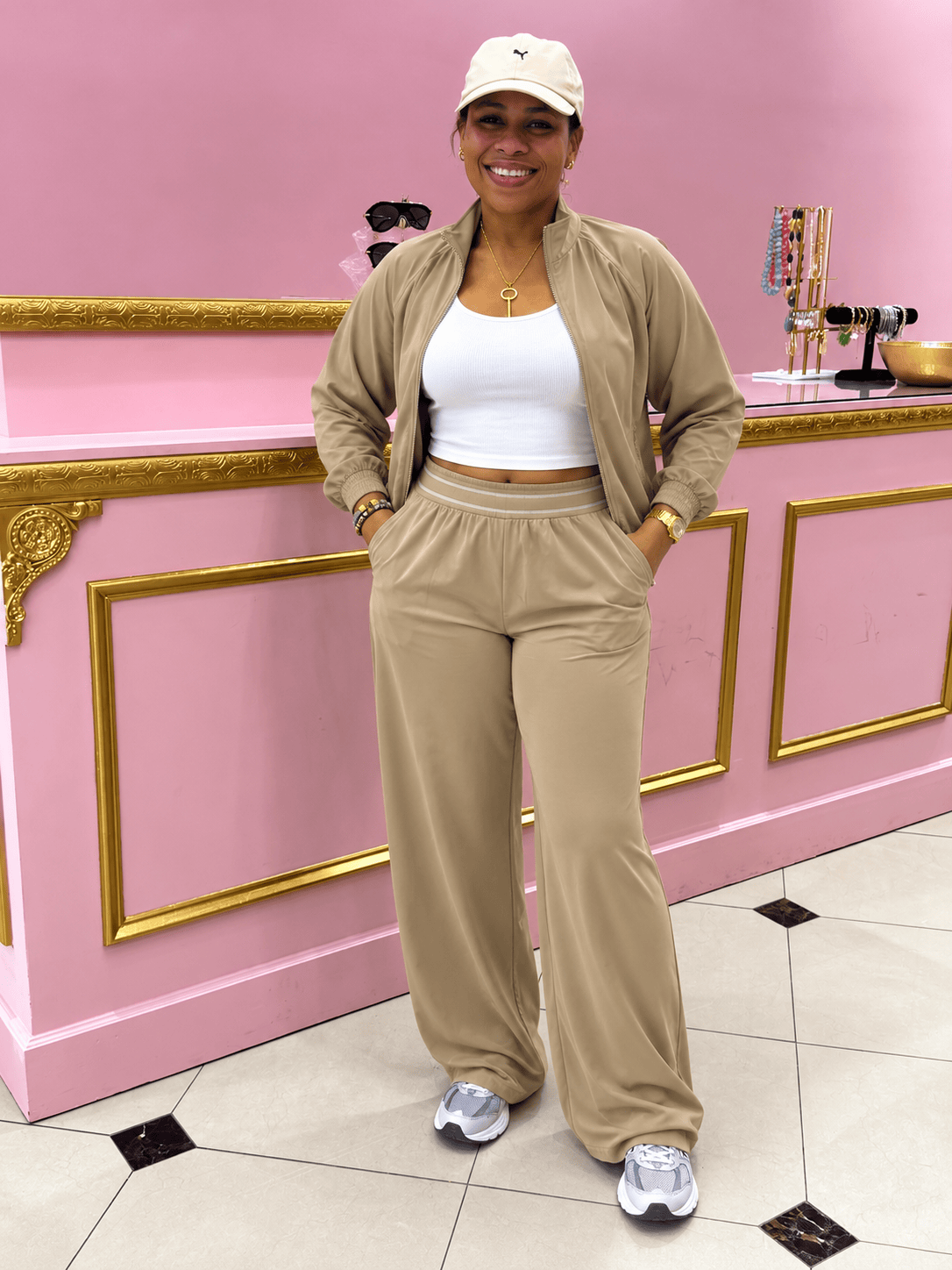 Luxe Motion Bomber Jacket & Elastic Waist Pants Set (Taupe)