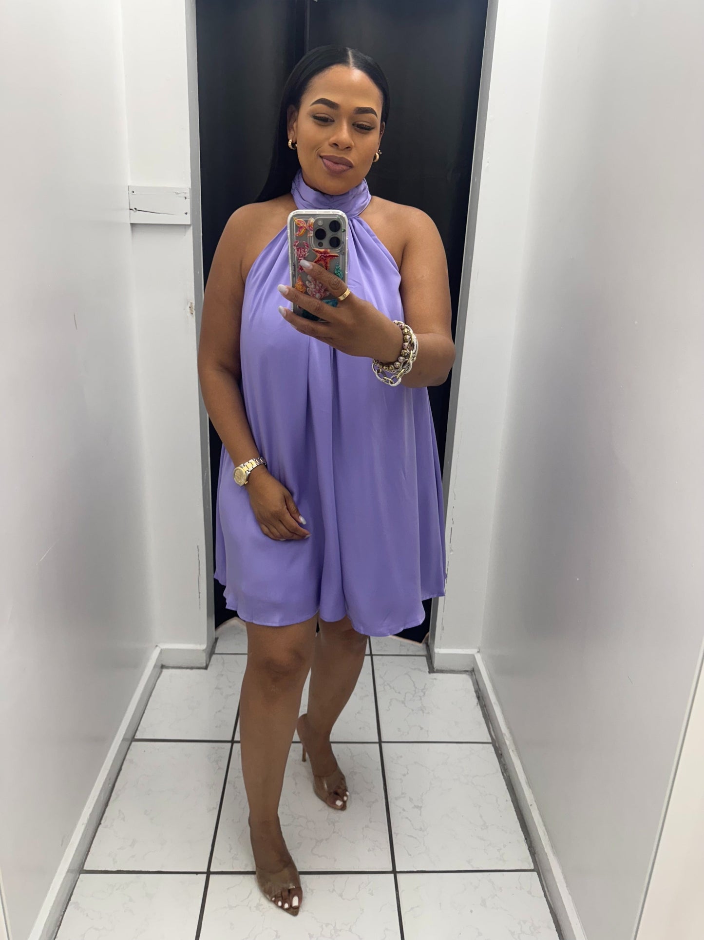 Mock Neck Halter Satin Mini Dress (LILAC)