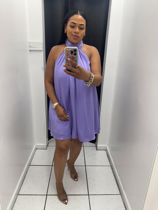 Mock Neck Halter Satin Mini Dress (LILAC)