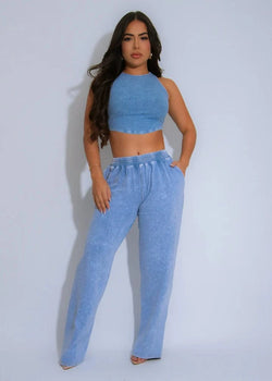 Faded Pants And Ribbed Crop Top Set (Acid Wash Blue)