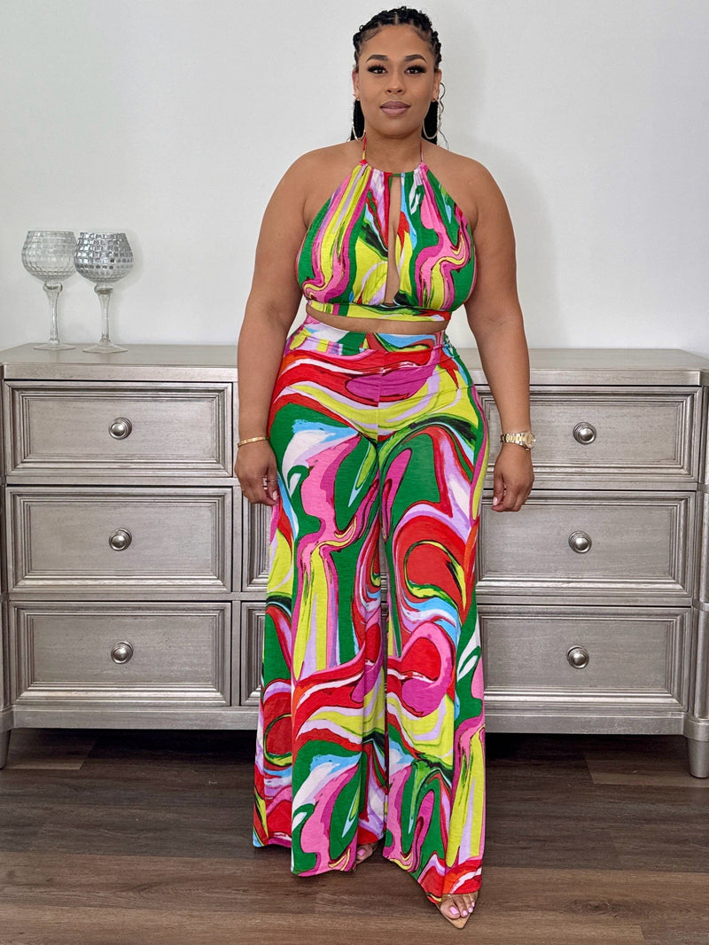Yvette Printed Crop Top And Pants Set (Pink Multicolor)