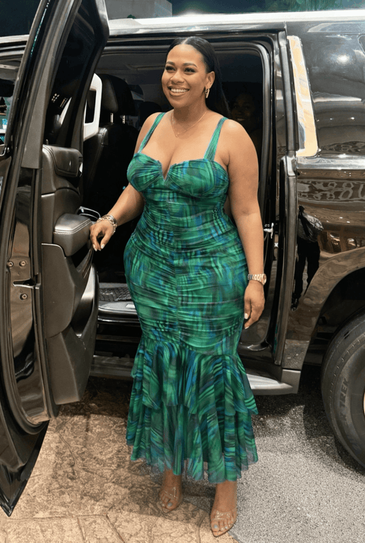 Ruched Printed Green And Navy Ruffle Dress