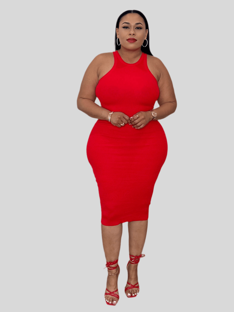 Premium Racer Neck Midi Dress (Red)