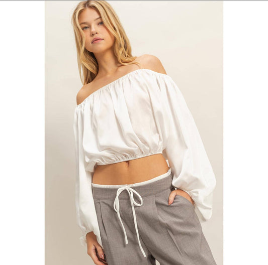 Elegant Off-Shoulder Blouse With Balloon Sleeves (WHITE)