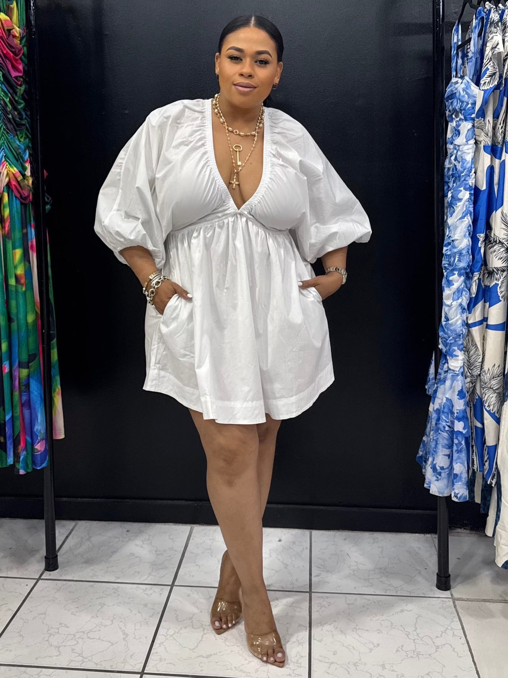 Dolman Sleeve V Neck Poplin Mini Dress (WHITE) – Classy But
