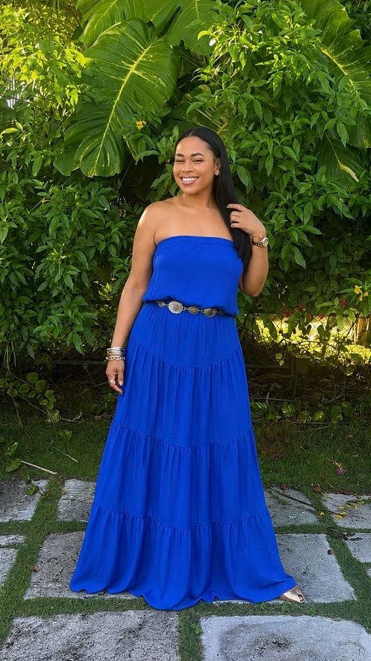 Maxi Tiered Tube Dress With Elasticized Waist (Royal Blue)