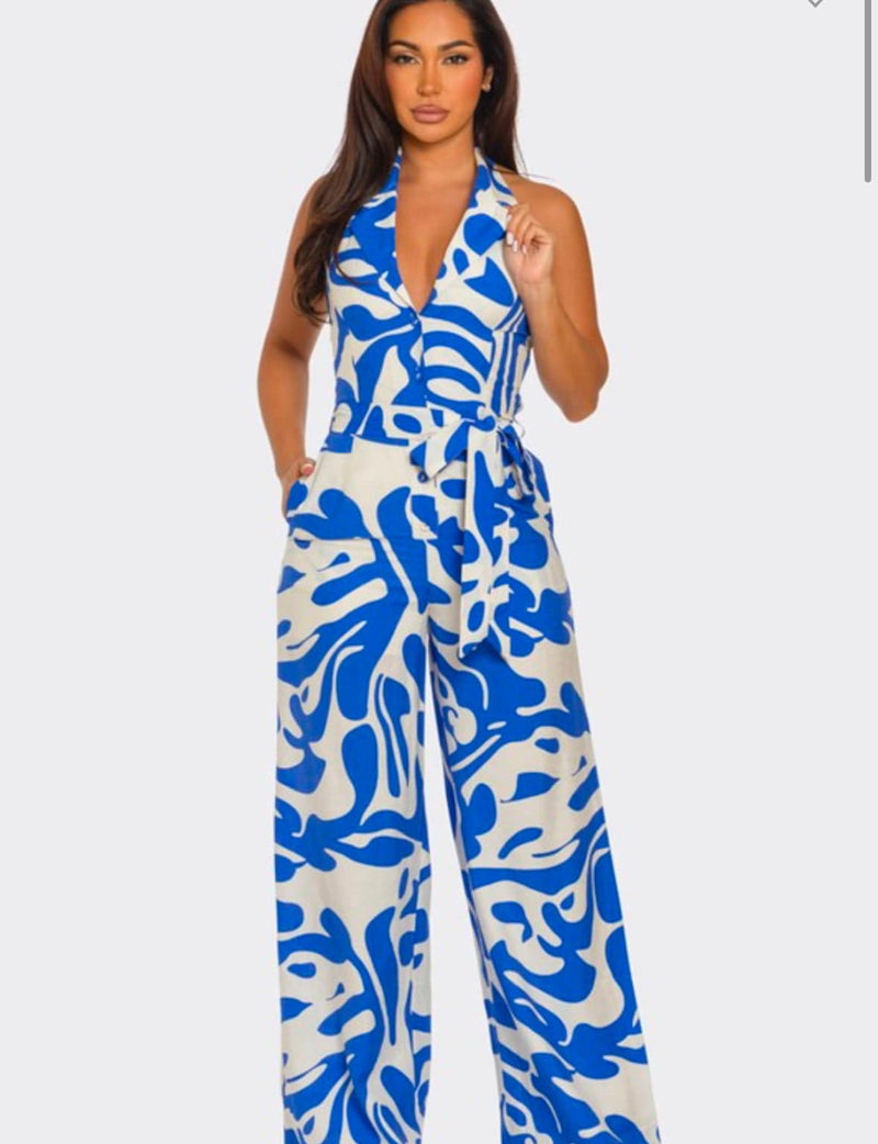 Printed Halter Button Up Jumpsuit (Blue & White)