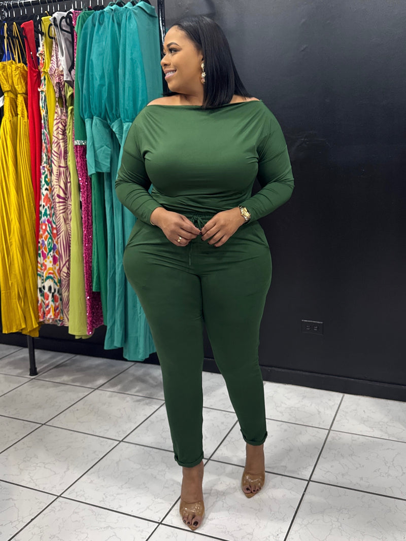 Jen Off The Shoulder Pencil Leg Jumpsuit With Sleeves  (Hunter Green)