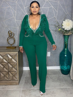 Krystal Feathered Jumpsuit (Green)