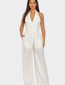 Halter Button Up Jumpsuit (White)