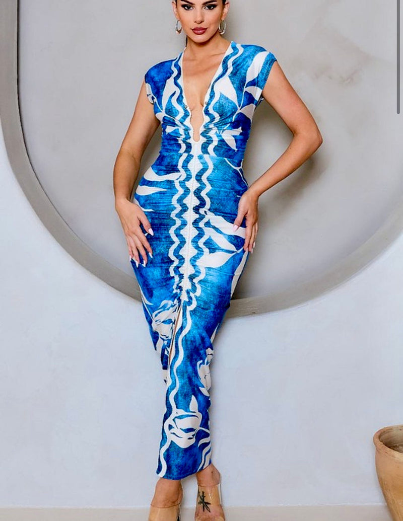 Deep V Neckline Printed Dress (Blue)