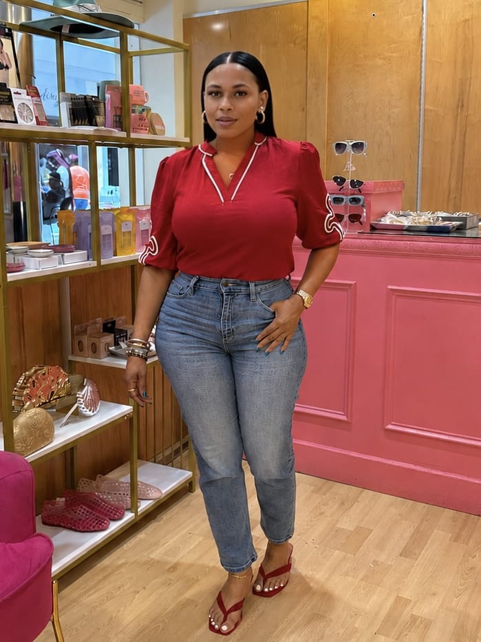 3/4 Sleeve Abstract Applique Blouse (Red)