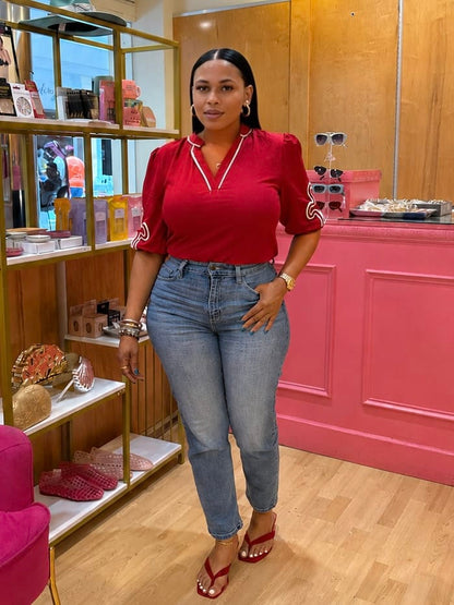 3/4 Sleeve Abstract Applique Blouse (Red)