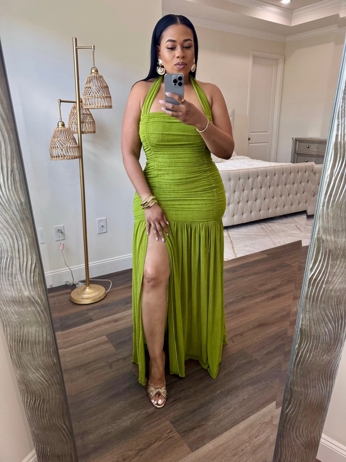 Halter Ruched Dress (Green)