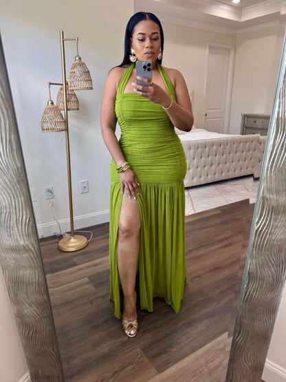 Halter Ruched Dress (Green)