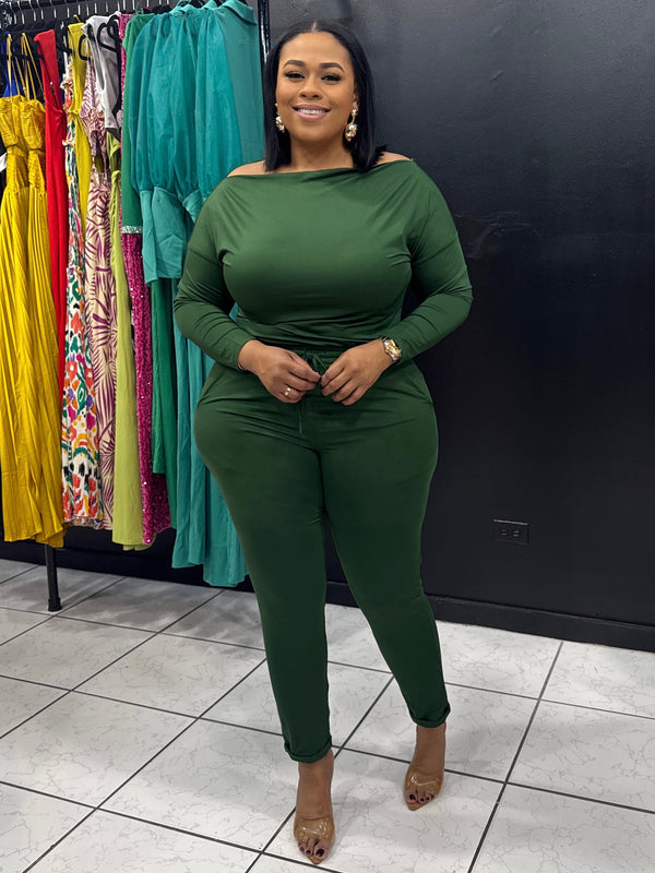 Jen Off The Shoulder Pencil Leg Jumpsuit With Sleeves  (Hunter Green)