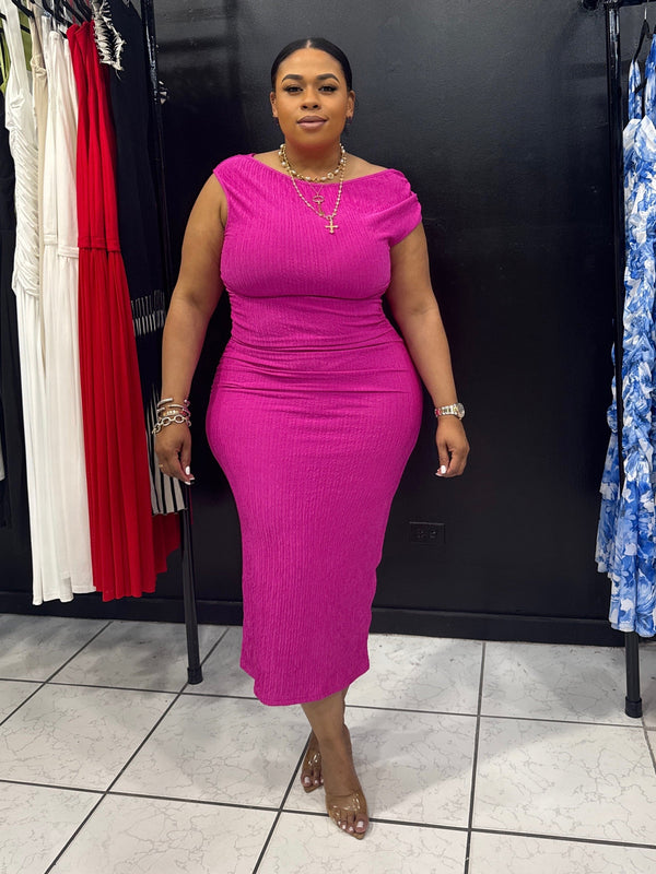 Ruched Off The Shoulder Midi Dress (Magenta)