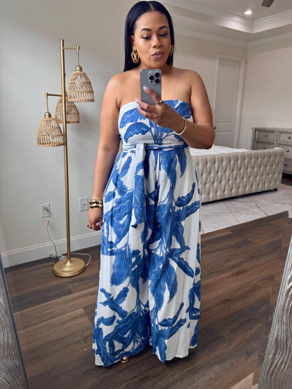 Printed Tie-Back Jumpsuit (Blue & White)