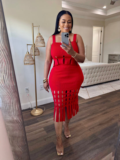 Knit Fring Skirt And Top Set (Red)