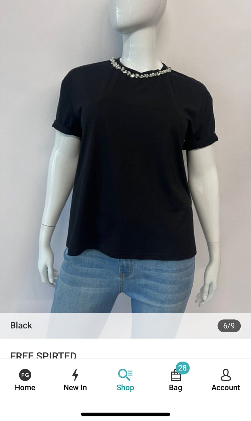 DIAMOND TRIM ON NECK T-SHIRT (Black)