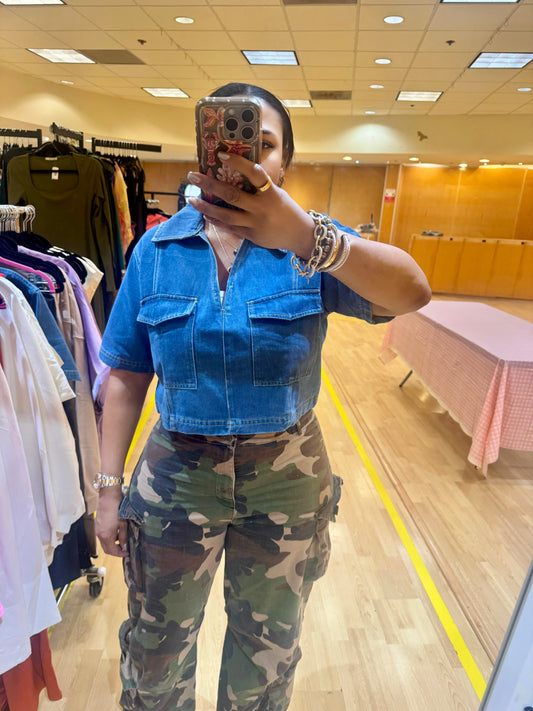 Denim V-Neck Cropped Top