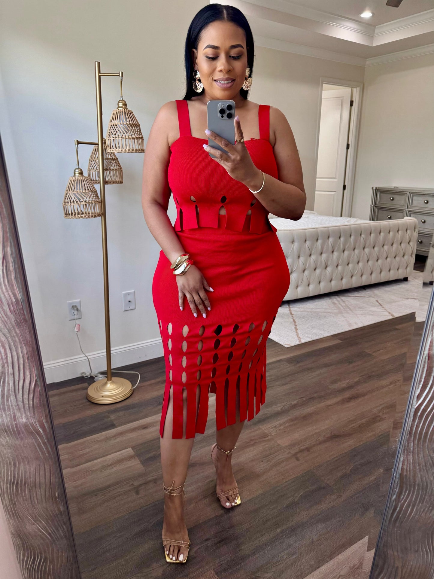 Knit Fring Skirt And Top Set (Red)