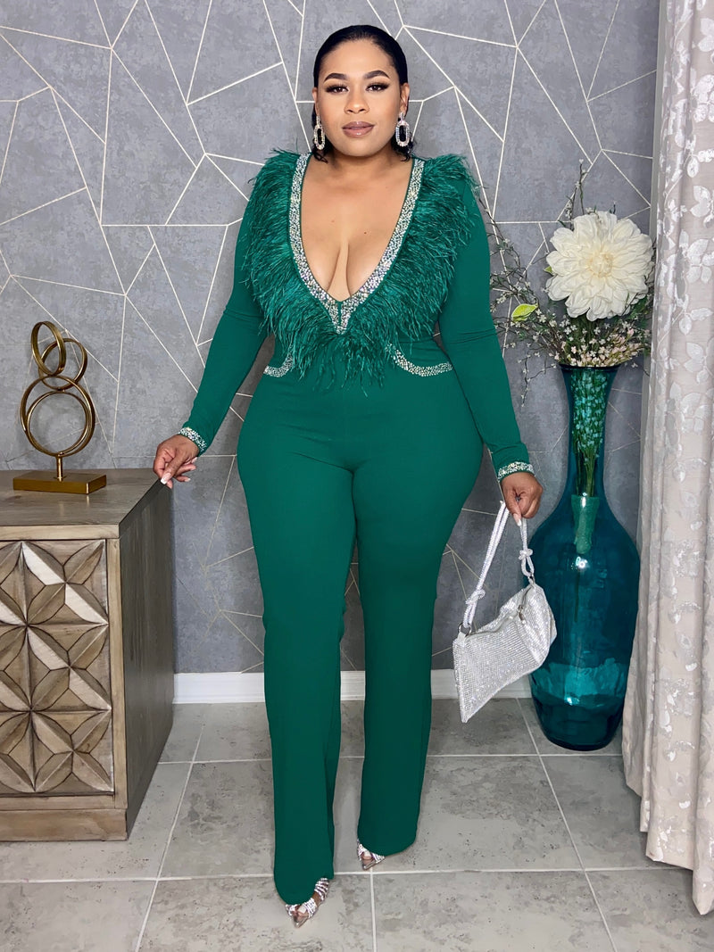 Krystal Feathered Jumpsuit (Green)