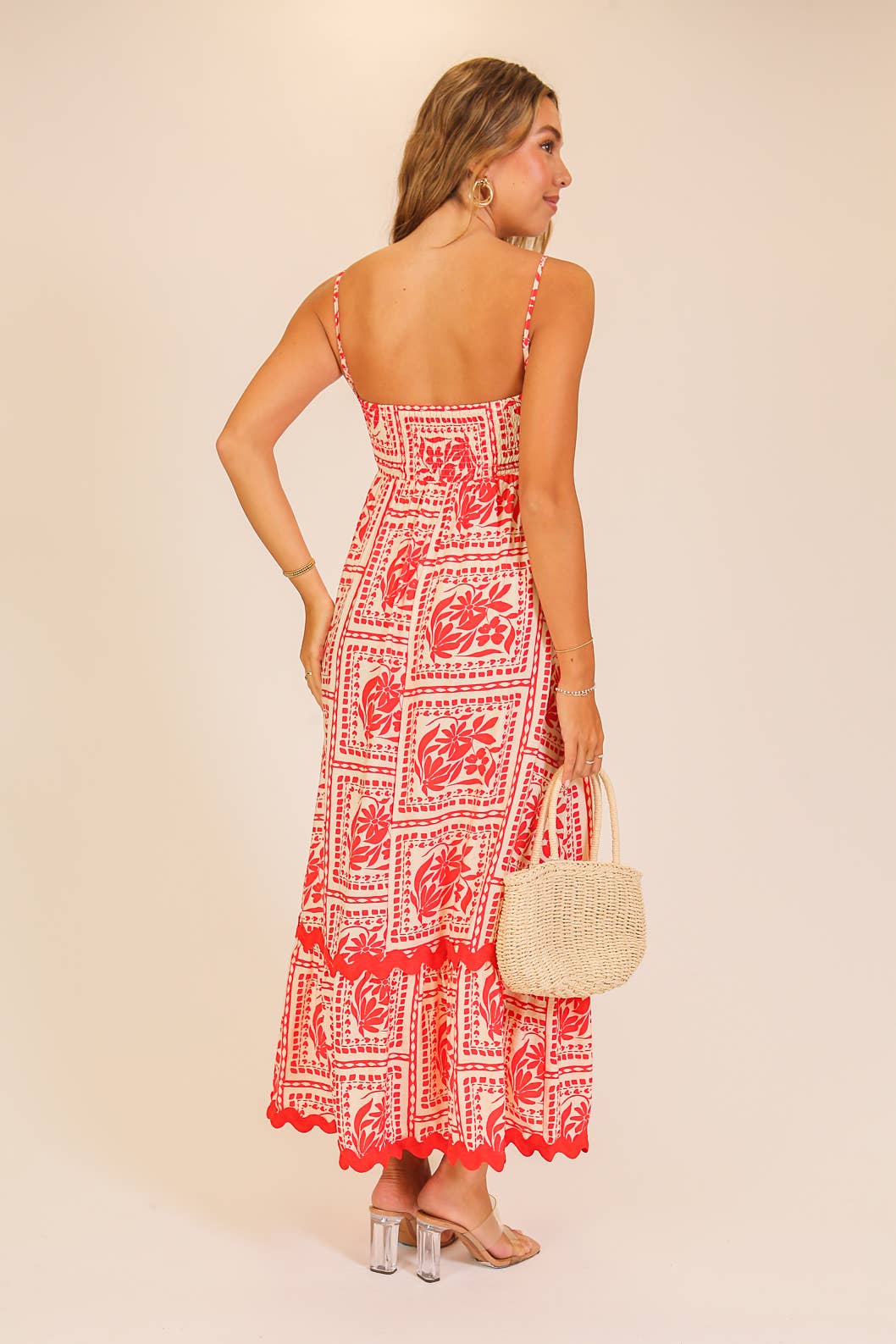 Scallop Trim Printed Maxi Dress (orange)