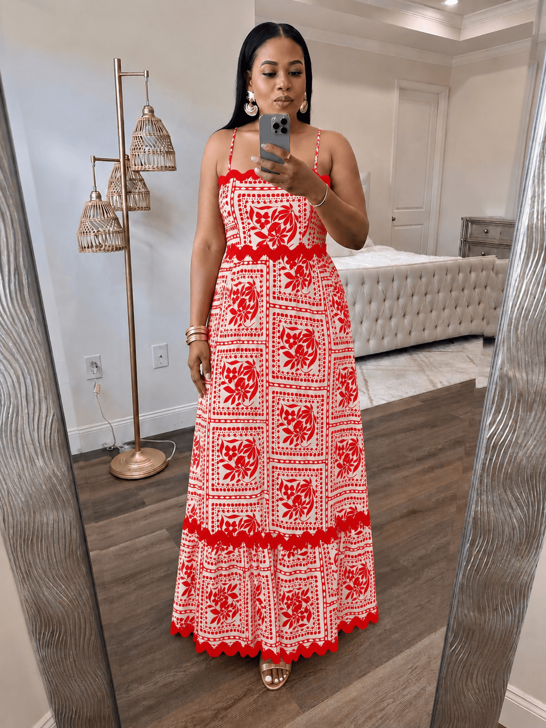 Scallop Trim Printed Maxi Dress (orange)