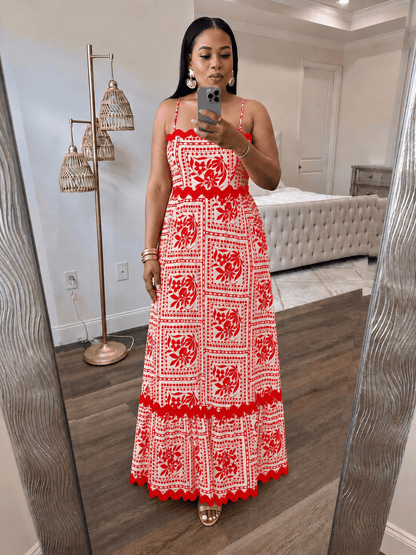 Scallop Trim Printed Maxi Dress (orange)